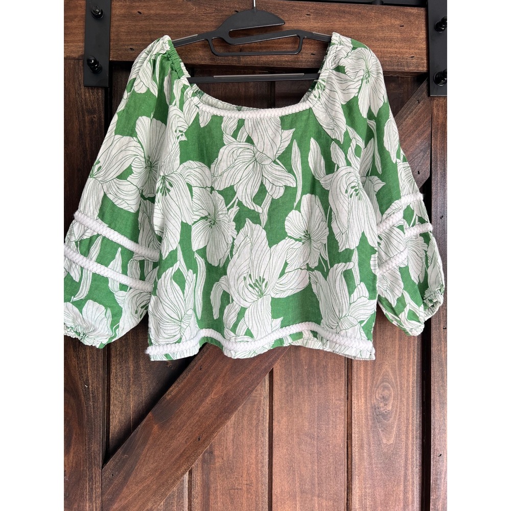 Tahari Womens Green Floral 100% Linen Cropped Blouse Trim Balloon Sleeve Small - Picture 9 of 9